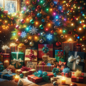 Festive Christmas tree with colorful wrapped affordable Christmas gifts under $25 and glowing holiday lights.