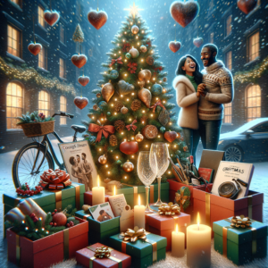 Couple celebrating Christmas outdoors with decorated tree, gifts, and candles in a cozy, festive winter setting.
