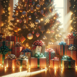 Festive Christmas tree with glowing lights surrounded by beautifully wrapped holiday gifts for friends.
