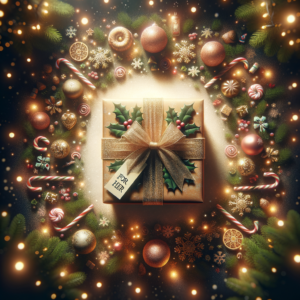 Festive Christmas gift box with a red bow, surrounded by holiday decorations and warm glowing lights.