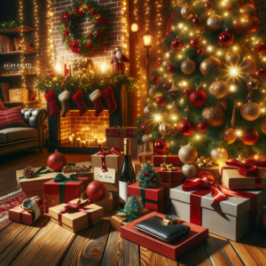 Cozy living room with decorated Christmas tree, wrapped presents, stockings, and festive holiday lights.