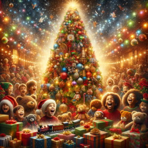 Joyful children around a festive Christmas tree with colorful lights and wrapped holiday gifts, celebrating the best Christma
