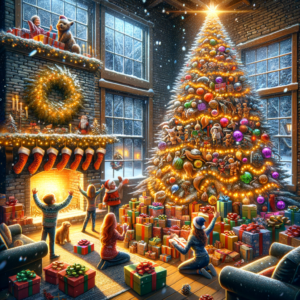Cozy family celebrating Christmas by a decorated tree and fireplace, surrounded by wrapped presents in a festive living room.
