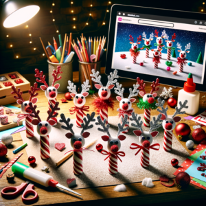 Candy Cane Reindeer Craft made with candy canes, googly eyes, pipe cleaner antlers, and a red pom-pom nose on a cozy workspac