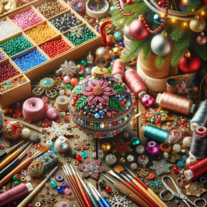 Colorful beads and craft supplies arranged around a decorated Christmas tree for Christmas bead ornament crafts.