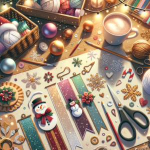 Festive Christmas crafting supplies and decorations arranged on a wooden table for holiday bookmark crafts.