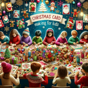 Kids making colorful Christmas cards with festive decorations and craft supplies on a table.