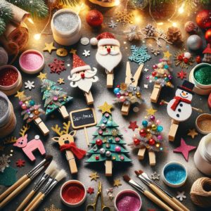 Colorful Christmas clothespin crafts with glitter, paint supplies, and festive decorations on a wooden table.