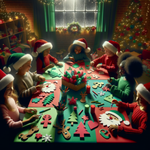 Children wearing Santa hats making colorful Christmas foam crafts around a festive table.