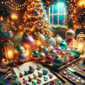 Colorful Christmas glitter ornaments sparkling with festive lights in a cozy holiday setting.