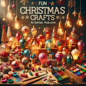 Colorful Christmas light bulb crafts and art supplies arranged on a festive wooden table with warm holiday lighting.