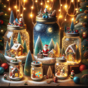 Christmas-themed mason jars decorated with miniature Santa, snowy houses, and festive lights creating a magical holiday scene