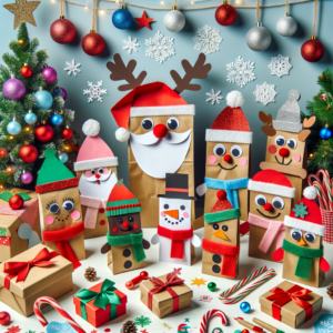 Festive Christmas paper bag puppets of Santa, elves, and reindeer surrounded by wrapped holiday gifts.