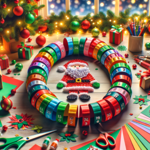 Colorful numbered wooden blocks in a circle around a crocheted Santa on a festive Christmas craft table.