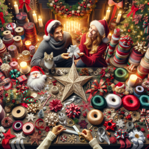 Couple exchanging Christmas gifts surrounded by festive decorations and Christmas ribbon craft supplies.
