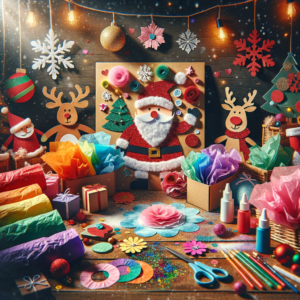 Colorful Christmas tissue paper, glue, scissors, and festive decorations arranged on a wooden table for kids' crafts.