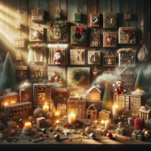 Cozy DIY Christmas countdown calendar with candles, festive ornaments, and holiday decorations on a warm wooden table.