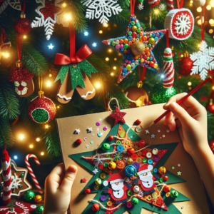 Hands decorating a colorful DIY Christmas tree craft with festive hanging ornaments and lights.