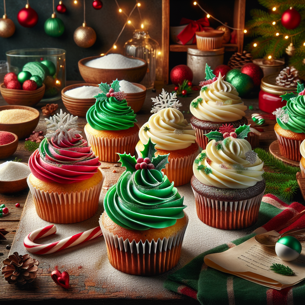 Festive Christmas cupcakes with colorful frosting and holiday-themed toppings on a rustic wooden table.