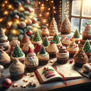 Festive Christmas cupcakes with colorful frosting and holiday decorations on a wooden table near a Christmas tree.
