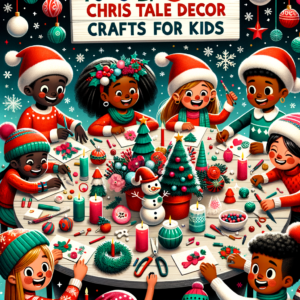 Kids smiling and crafting festive DIY Christmas table decor with colorful supplies at a holiday-themed table.