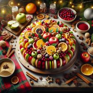 Festive Christmas fruit dessert decorated with fresh fruits and holiday spices on a rustic wooden table.