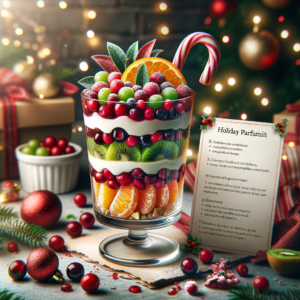 Festive Christmas fruit parfait layered with fresh fruits and topped with a candy cane on a holiday-themed table.