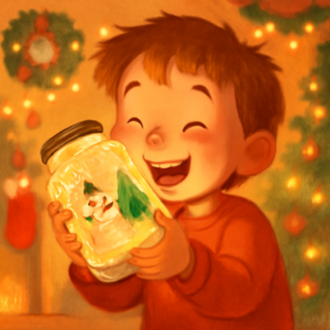 Child shaking a DIY Christmas snow globe jar filled with glitter and tiny Christmas figurines, with a cozy festive background.