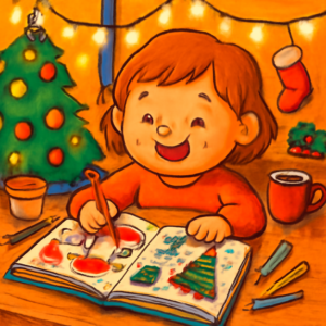 Child happily drawing and coloring a personalized Christmas storybook at a decorated holiday table.