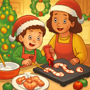A happy child and grown-up making candy cane-shaped red and white pancakes together in a cozy Christmas kitchen, with festive decorations and a plate of pancakes topped with whipped cream and crushed peppermint.