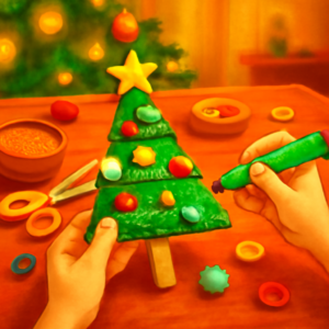Child's hands decorating a sparkly popsicle stick Christmas tree ornament with colorful buttons and glitter, with a glowing Christmas tree in the background.