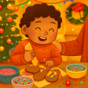 Child decorating a Christmas gingerbread cookie with colorful icing and sprinkles at a festive table with Christmas decorations and a grown-up nearby.