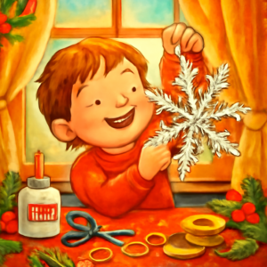 Child happily hanging a sparkling white pipe cleaner snowflake decorated with glitter and beads on a sunlit window surrounded by Christmas decorations and craft supplies.