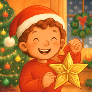 A happy child holding a handmade straw Christmas star with a decorated tree and festive background, smiling in a cozy Christmas room.
