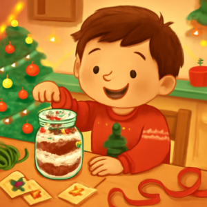 A happy child making a Christmas hot cocoa gift jar, layering powders and mini marshmallows in a glass jar, surrounded by ribbons and festive decorations, with a Christmas tree and warm lights in the background.
