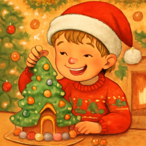 A child happily building a colorful Christmas Tree Candy House decorated with green frosting and bright candies, surrounded by festive Christmas decorations and warm holiday lights.